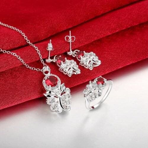 Adorable Jewelry Silver Color White Crystal Hot Pink Cubic Zirconia Pendant Earrings Ring Party Jewelry Sets For Women S2004