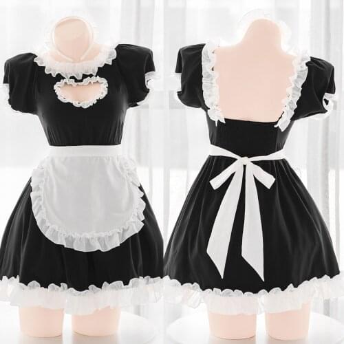 Anime Cute Love Maid Hollow Out Heart-shaped Open Chest Apron Uniform Suit Japanese Lolita Girl Summer Lace-up Black Dress