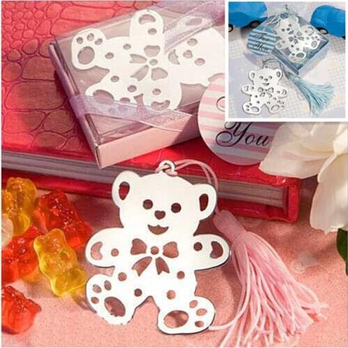 Free Shipping 10pcs/lot Pink/Blue "Lovely Bear" Metal Bookmark With Tassels Ribbon Gift Box For Party Gift Or Souvenirs