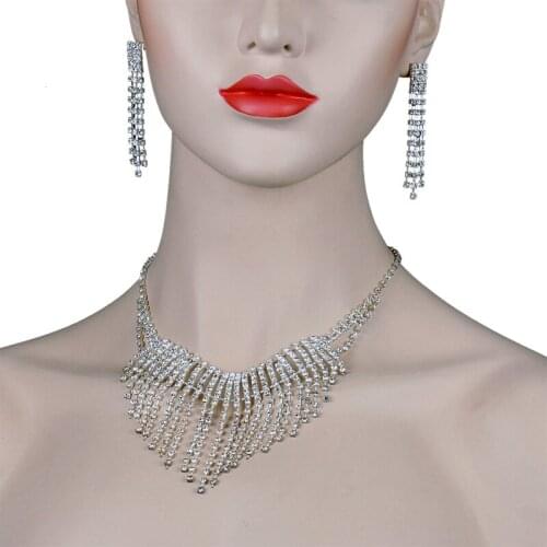Chran Chran Silver Plated Sparkling Rhinestone Long Tassels Bride Wedding Jewelry Set for Women