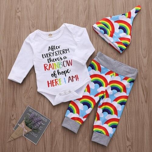 3PCS Childrens clothing baby boy clothes baby girl Clothing suit 2021 Spring and Autumn Alphabet Romper Rainbow Suit 0-24M