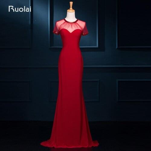 Real Photo Elegant Short Sleeve Neckline Beaded Mermaid Red Evening Dresses 2019 Open Back Robe de Soiree Long Prom Dresses FE70