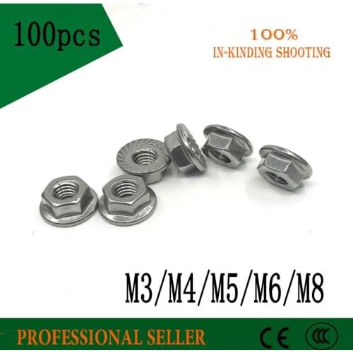 Flange nut 100pcs M3/M4/M5/M6/M8 316 stainless steel lock nut locked hex flanged hardwar antiskid Looser nuts