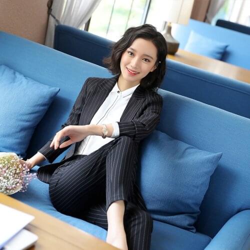 IZICFLY Black Gray Striped Female Suit Uniform Designs Trouser with Blazer Women Elegant Slim Business Pantsuit Office Wear 4XL