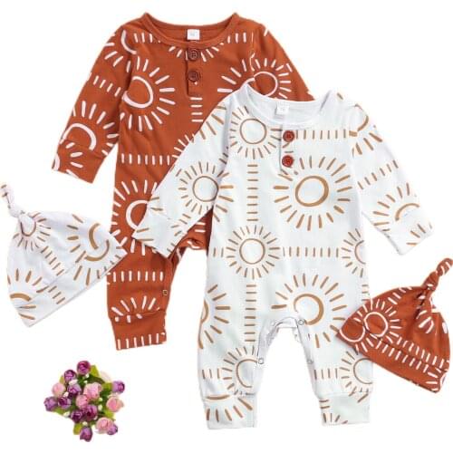 Newborn Baby Girls Boys Clothes Rompers Outfits Sun Printed Long Sleeve Romper Hat Jumpsuit Pajamas Childrens Clothing, 0-24M