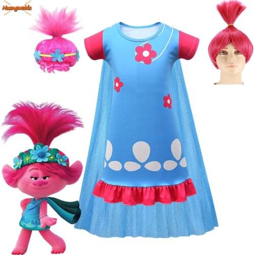 Trolls Poppy Costume Girl Princess Dresses Halloween Costumes for Kids Cosplay Anime Christmas Party Fancy Wig Birthday Present