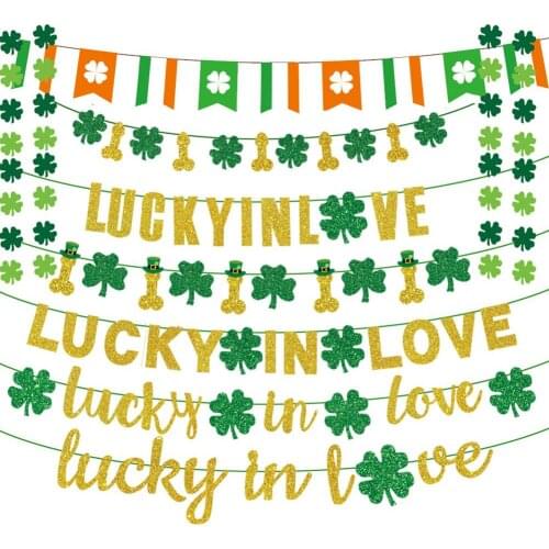 Clover Leaf Banner For Irish St. Patricks Day Decor Party DIY Strap Garland Lucky In Love Glitter Letter Flag Ribbon Banner