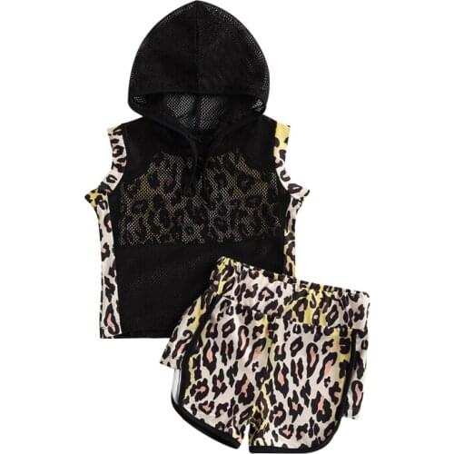 2021 Girl’s Summer Clothing 3Pcs Fashion Leopard Suspender Tops Mesh Hoodie and Short Pants Kids Girls Clothes Children Set
