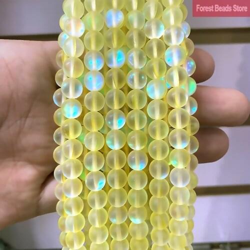 Matte Light Yellow Glitter Moon Stone Round Bead Austria Crystal for Jewelry Making DIY Bracelet Necklace 15"Strand 6 8 10 12MM