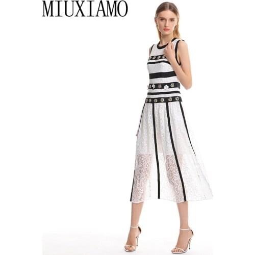 MIUXIMAO 2019 Spring&Summer Long Dress New Arrival Diamonds Floral o-Neck Sleeveless Eleghant Lace Casual Dress Women vestido