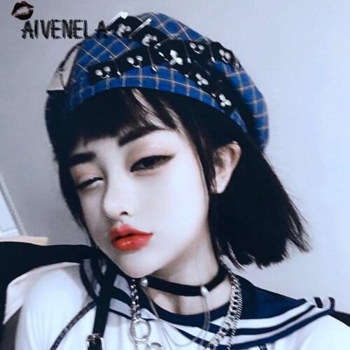Fashion Cool Y2K Punk Girl Harajuku Hats Blue Plaided Heart Rivit Beret Hat Women Rock Streetwear Hip Hop Cap AFC1008