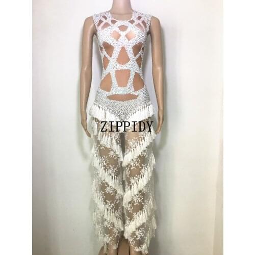 Fashion Lace White Tassel Bodysuit Stretch Jumpsuit Costume Stage Sleevesless Rompers Leggings Womens Dance Outfit Bar Wear
