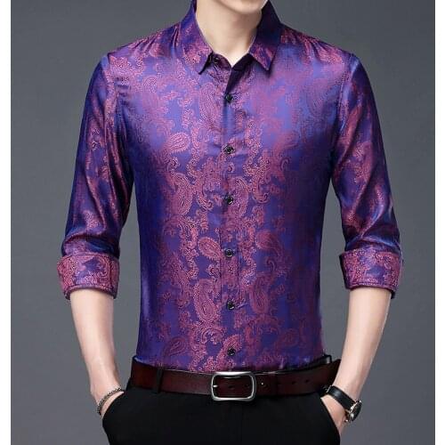 Purple Long Sleeves Man Clothes Silk Elegant Baroque Blouse Flowers Satin Shirts lilac Men Fashion Clothing Trend Claret Stylish
