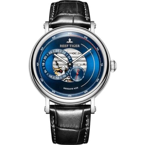 Reef Tiger RGA1617 Fashion Sport Genuine Leather Band Men Waterproof Hollow Out Dial Automatic Mecanical Wrist Watch - Silver
