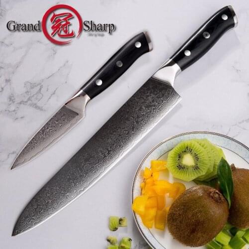 Grandsharp 2 Pcs Damascus Knife Sets Chef Butcher Paring Kitchen Knives Japanese Damascus Steel VG10 Cooking Tools with Gift Box