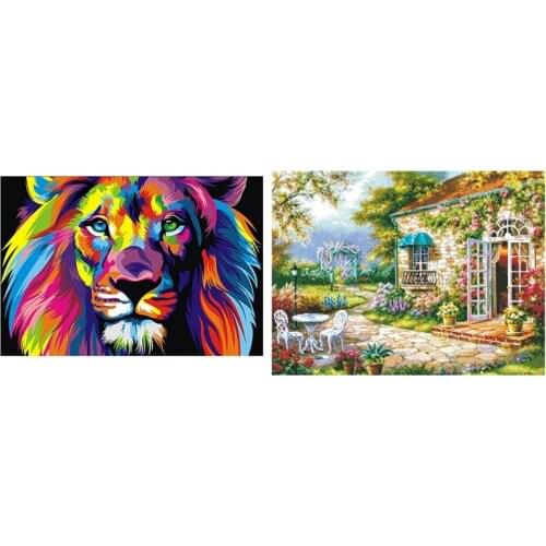 2 Set 5D Diamond Painting Cross Stitch Home Decoration, Colorful Lion & Cottage Courtyard