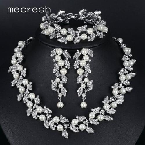 Mecresh Simulated Pearl Bridal Jewelry Sets Gold-Color Necklace Set Wedding Jewelry Parure Bijoux Femme TL283+SL089