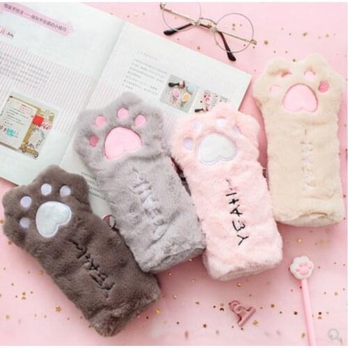 Cut Cat Paw Pencil Bag Soft Plush Cosmetics Pouch Large Capacity Pencil Case Pen Holder Stationery Organizer Kawaii Stationery