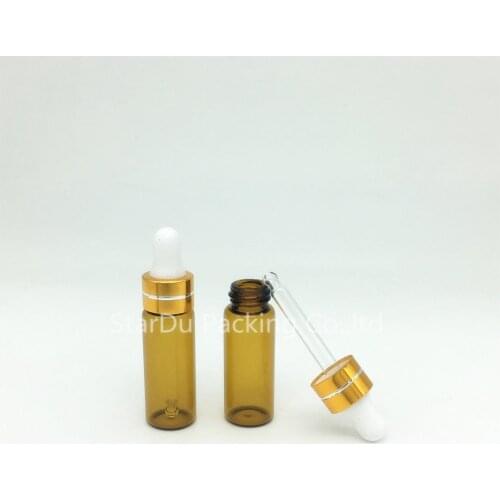 50PCS 5ML Amber Glass Golden White Head Reagent Eye Dropper Drop Aromatherapy Liquid Pipette Bottle