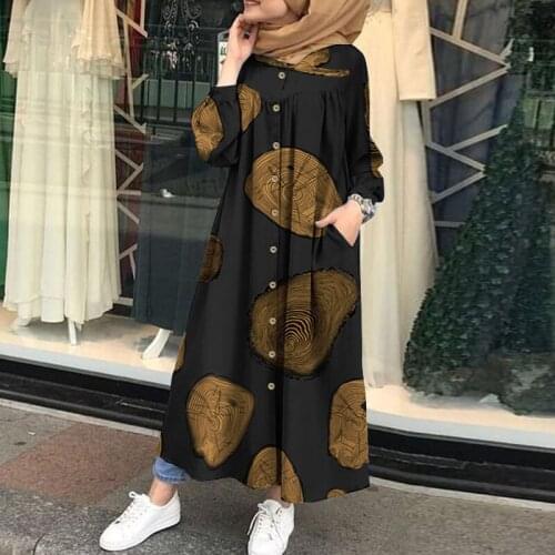 Ramadan Muslim Printed Maxi Dress Women Abaya Islamic Clothing Casual Long Sleeve Shirt Vestidos Female Button Robe Plus Size