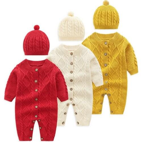 Pudcoco Newborn Infant Baby Boys Girls Sweaters Romper Knit Long Sleeve Warm Winter Jumpsuit Outfits Clothes + Hat