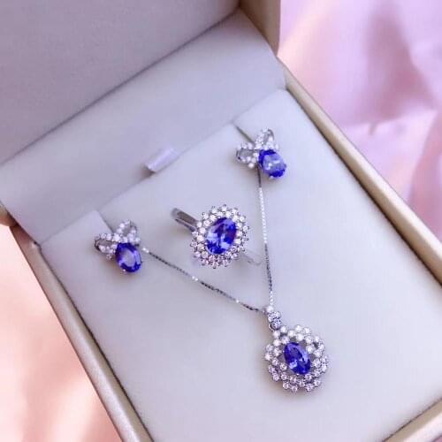 The Best Wedding Gift Natural Tanzanite Set 925 Sterling Silver 1 tanzanite pendant, 1 tanzanite ring, 2 tanzanite earrings