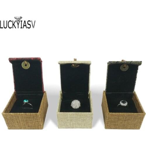 Chinese Style Linen Jewelry Display Ring Box 3 Color Flower Printing Gift Cases Jewellery Organizer Bag 6*6.5*4cm