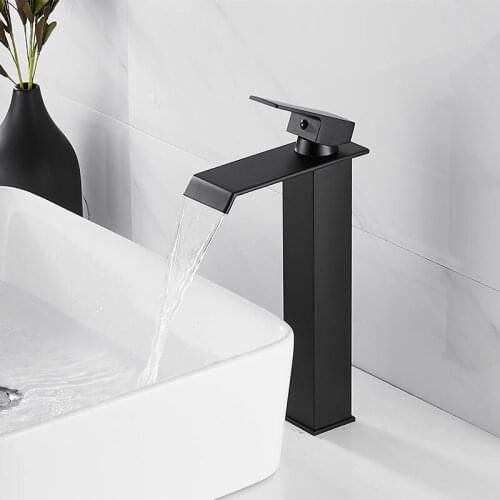 Bathroom Black Lavatory Waterfall Faucet hot and cold Crane Brass Sink Mixer Waterfall Sink Faucet Single Handle Decked