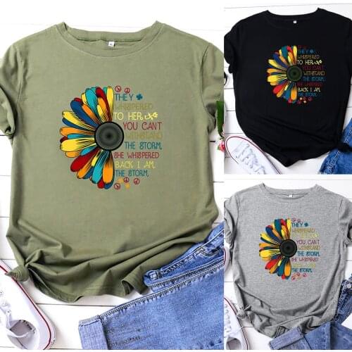 Women Fashion Casual Round Neck Short Sleeve Casual Printed T-Shirt Solid Color Sunflower Text Printing Daily All-match Shirt