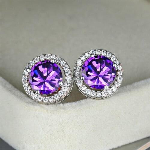 Female Gorgeous Purple Crystal Earrings Simple Fashion Round Stone Small Earrings Vintage Silver Color Stud Earrings For Women