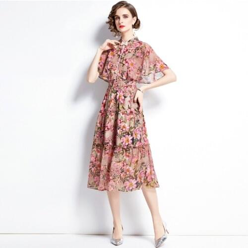 2021 New Summer Women Fashion Designer Party Midi Dress Short Sleeve Gorgeous Beading Ruffles Floral Print A Line Dress