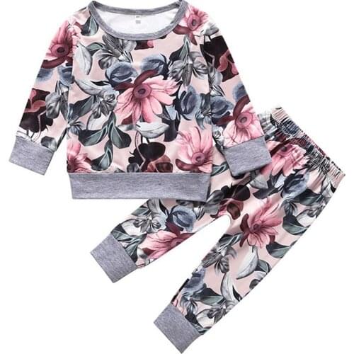 2020 Autumn Infant Baby Girl Floral Long Sleeve Round Neck Tops Shirt Printed Pants Trousers Outfit Set Kids Clothes Sportswear