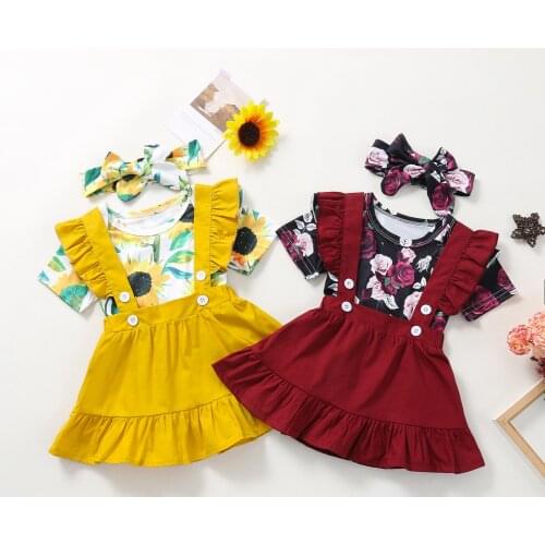 FOCUSNORM Newborn Baby Girls Clothes Sets 3pcs Sunflowers Printed Ruffles Sleeve Romper Tops Suspender Dress Headband