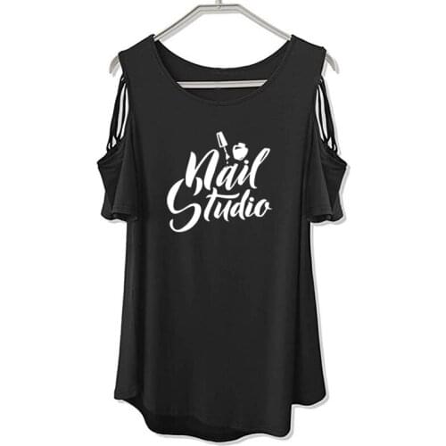 Beauty Salon Nail Art Manicure Pedicure T-Shirt Women Loose Short Sleeve Female Tops Off The Shoulder Hollow Tee