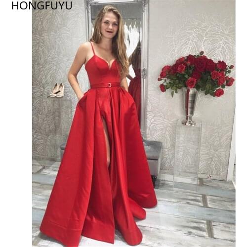 HONGFUYU Satin Sleeveless Long Cheap Evening Dresses Slit Formal Dress Robe de Soiree Longue Red Prom Party Dress With Pockets