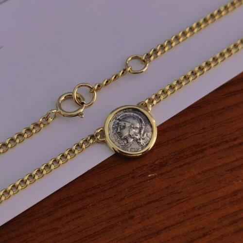 18K import Solid Yellow Gold Jewelry(AU750) Women Small Ancient Coin Mini Athena Silver So Cute Necklace Pendant Fashion Lady