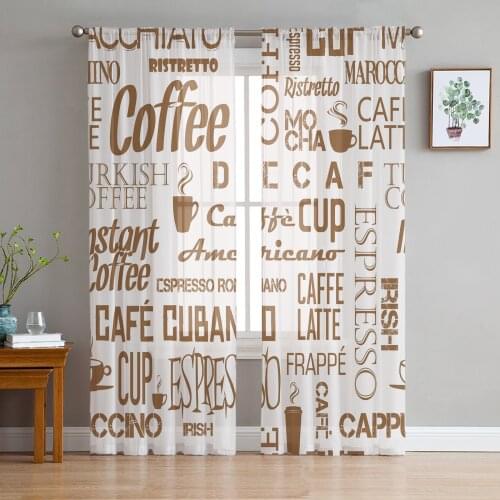 Coffee Cup Text Brown Beans Curtain Window Tulle For Living Room Bedroom Kitchen Chiffon Sheer Window Treatment Decorations