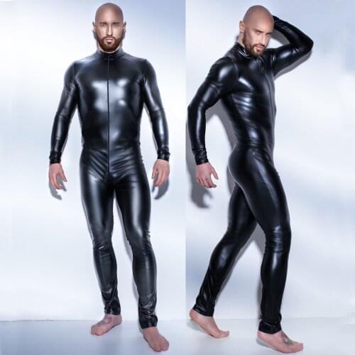 Black Patent Leather Zipper Open Crotch Latex Catsuit Jumpsuit Pvc Catsuit Faux Leather Wet Look for Men Erotic Costumes Catsuit