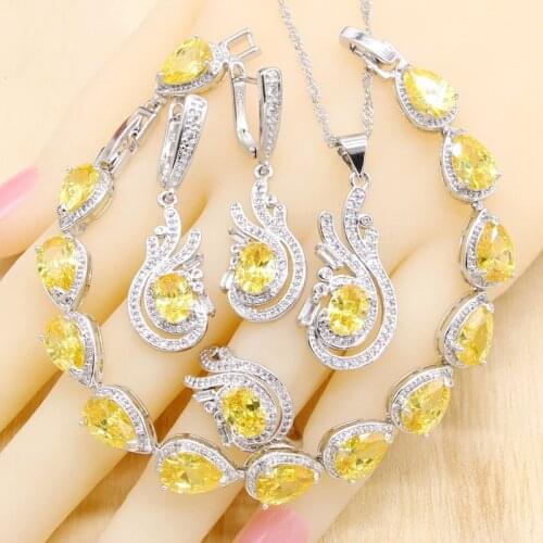 Yellow Zircon 925 Silver Jewelry Sets for Women Bracelet Earrings Necklace Pendant Ring Birthday Wedding Birthday Gift