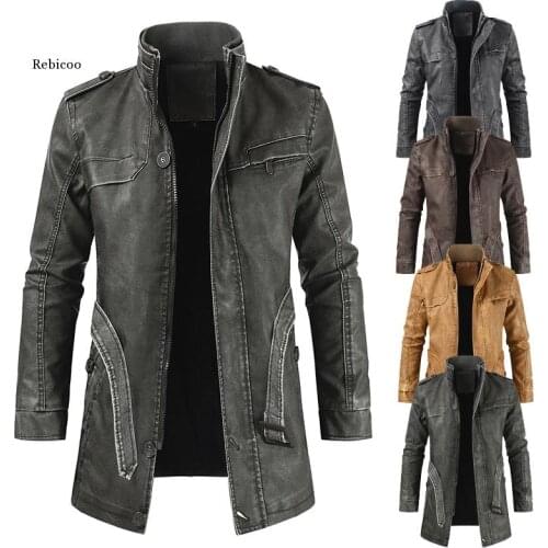 Men Coat Autumn Winter New Arrival Stand Collar Mens Mid-Length Leather Jacket