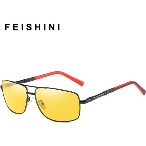 FEISHINI 2021 Brand Rectangle Sunglasses Men Polarized UV Protection Night Vision Driver Safely Yellow Driving Glasses