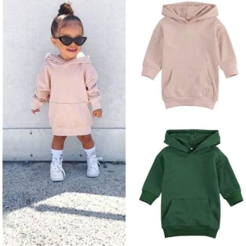 Autumn Kids Baby Girls Hoodies Sweatshirt Dress Outfits Solid Long Sleeve Pullover Pocket Long Length Straight Sweatshirts 1-5Y