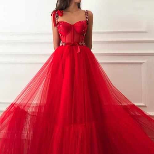 Stunning Red Prom Dresses A Line Spaghetti Straps BeadingTulle Corset Top Evening Party Gowns with Sash Custom Made
