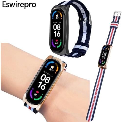 Watch Strap on Mi Band 6/6 NFC Buckle Case Striped Canvas Strap Metal frame For Xiaomi mi band 3 4 5 6 браслет на mi band 4