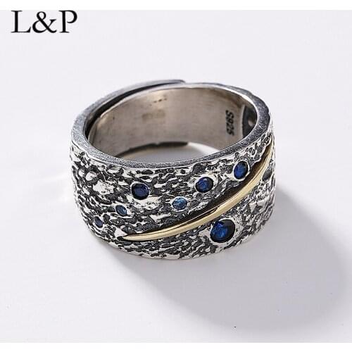 Retro Handmade Real 925 Sterling Silver Ring For Men Blue Zirconia Starry Ring Party Gift Fine Jewels Wholesale