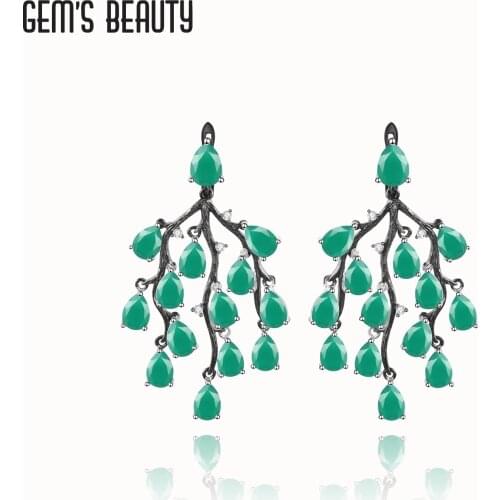 GEMS BEAUTY 925 Sterling Silver Vintage Stud Earrings Natural Pear Cut Green Agate Handmade Earrings For Women Anniversary Gift