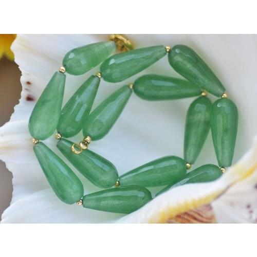 Z10974 17"~50" 28mm Green Teardrop Faceted Jade Bead Necklace