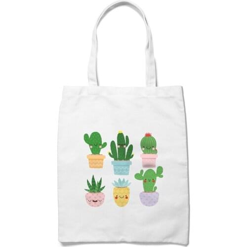 Women Canvas Shoulder Bag Environmental Bags Cactus Flower Plant Print Cotton Cloth Designe White Handbag Shopping Tote