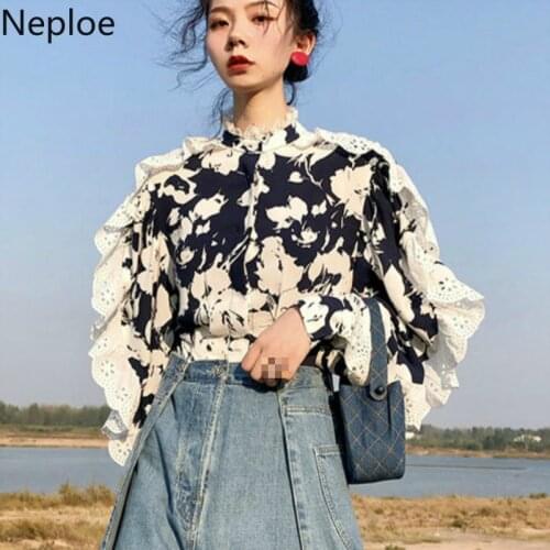 Neploe 2021 Lace Fungus Patchwork Women Shirts Flower Stand Collar Long Sleeve Blouses Fashion Hollow Out Female Tops 49696