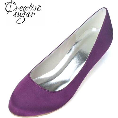 Creativesugar Concise woman closed toe low small heel satin dress shoes bridal wedding party banquet evening pumps white purple